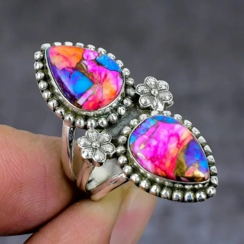 Wassertropfenförmiger synthetischer Türkisring im böhmischen Stil für Damen, Vintage, exquisiter Schmuck für Bankette, Urlaub, Accessoires, Kunsthandwerk