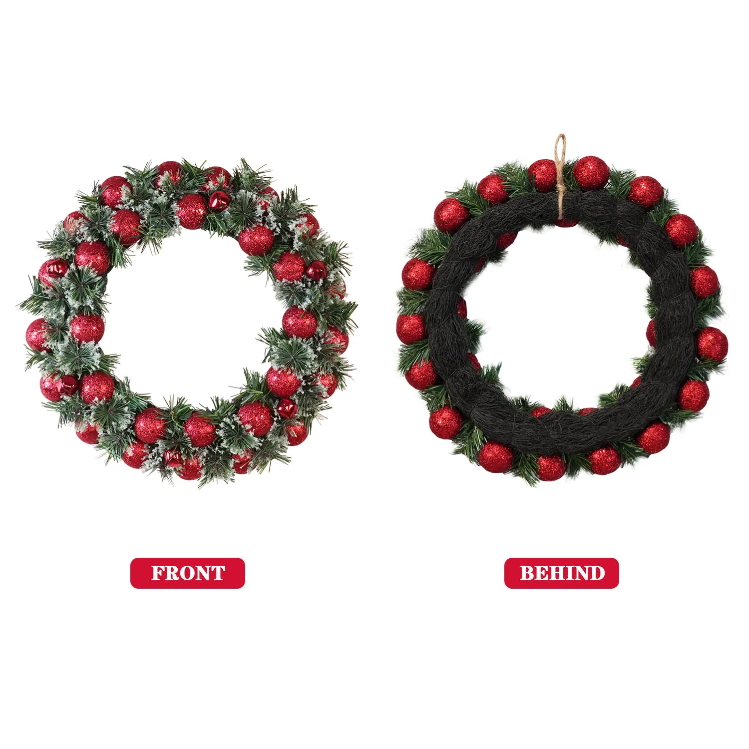 Handmade 17.71inch Christmas door wreath with realistic pine needles, red balls and bells For Christmas decorations home decor image 3