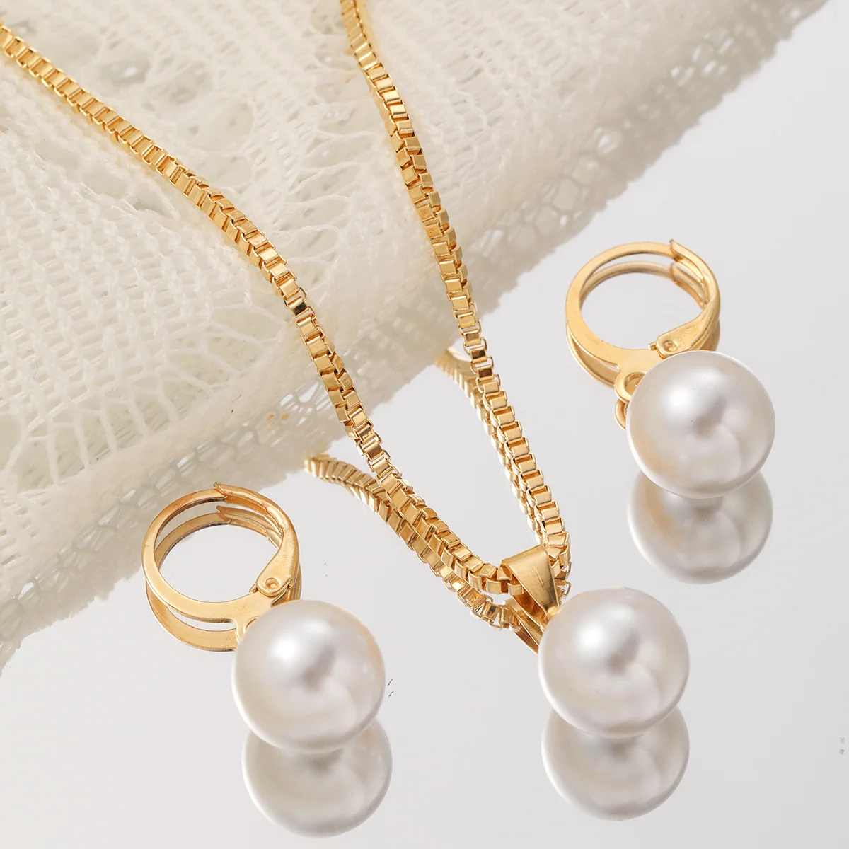 Fashion Simple Pearl Pendant Jewelry Set for Women Vintage Gold Color Chain Pendant Necklace Earring Set Wedding Birthday Gifts