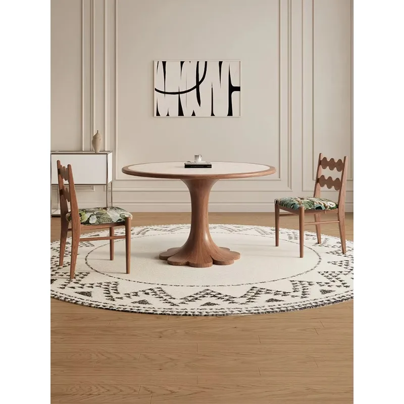 French Style Round Dining Table With Sintered Stone Top & Wood Pedestal, Romantic Flower Shape Base Dining Room Furniture