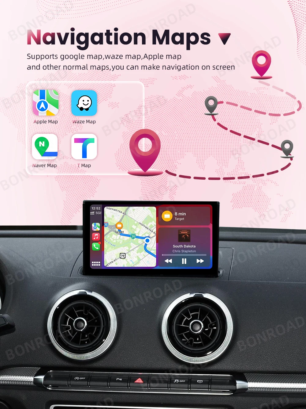 Bonroad drahtloses carplay android auto adapter für audi a3 8v 2012-2018 spiegel link airplay bluetooth gps navigation – Detail 7