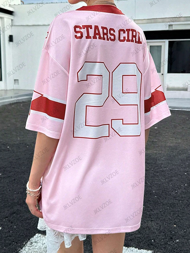 Oversized T-shirt For Women V-Neck Short Sleeve Summer Pink Patchwork 29 Printed Streetwear Tops Casual Football Jersey Y2k Tees