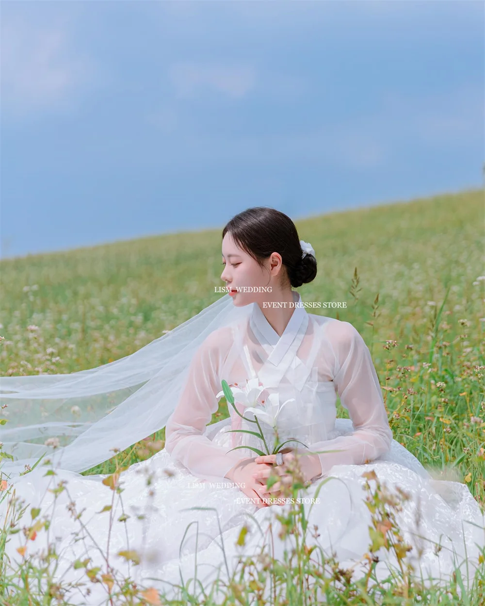 LISM-A-Line Vestidos de casamento Hanbok, vestidos de noiva, mangas compridas, decote em V, vestido de organza para ocasiões formais, vintage, Photo Shoot, 2019