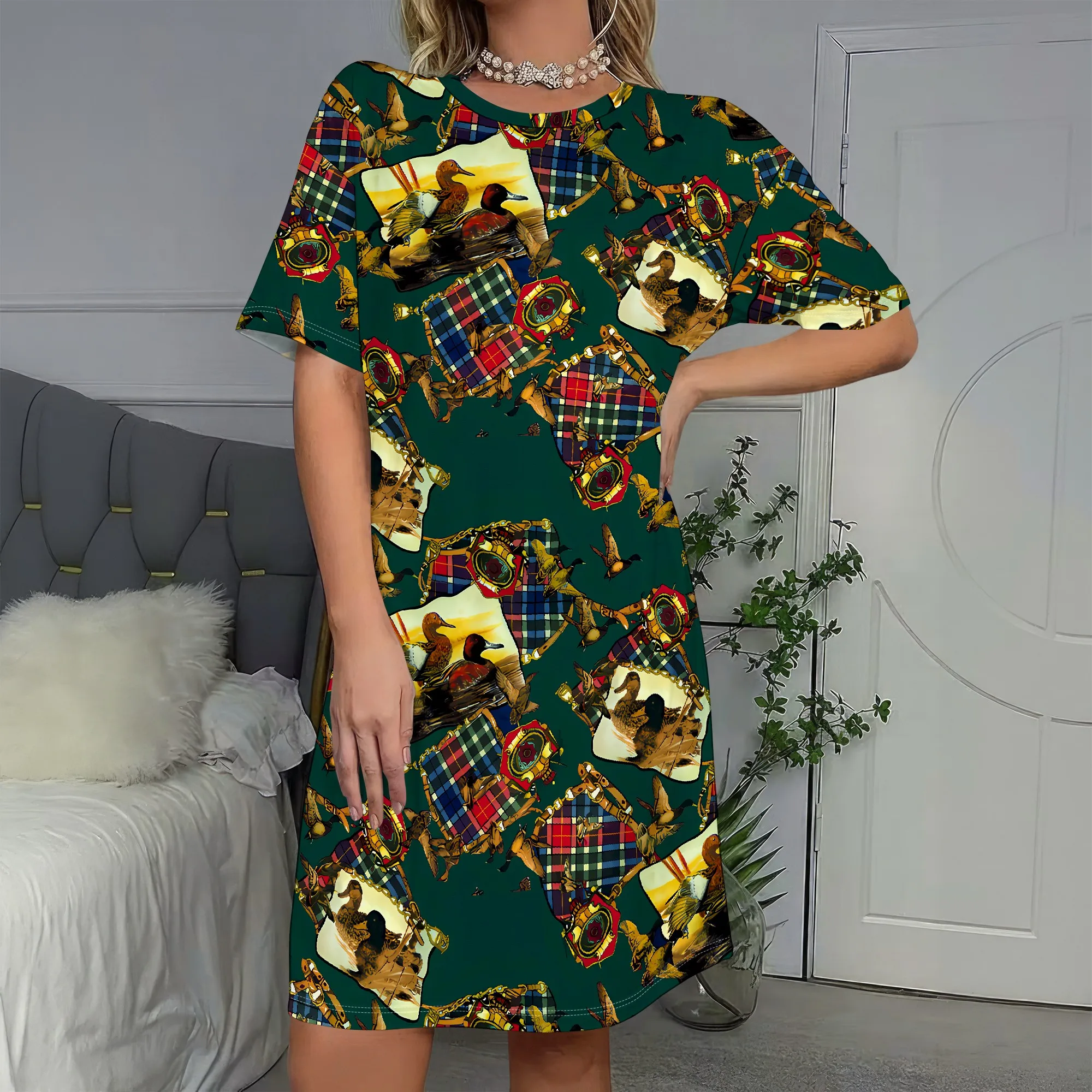 

Scottish Tartan Print Dress, Short Sleeve Tunic Dress, Plaid Pattern Shift Dress, Casual Summer Wear for Women, S-2XL