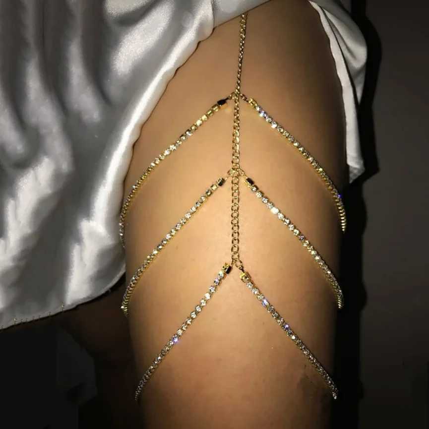 Aihua Sexy Strass Bein Oberschenkel Kette für Frauen Multilayer Glänzenden Kristall Silber Farbe Taille Körper Kette Strand Schmuck Bein Oberschenkel – Detail 4