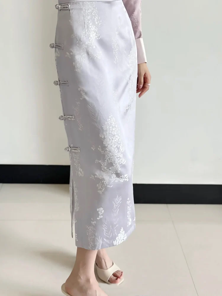 

Новая китайская юбка-миди с высокой талией, переливающимся кружевом и асимметричным подолом, с пуговицами, для повседневной носки и работы.