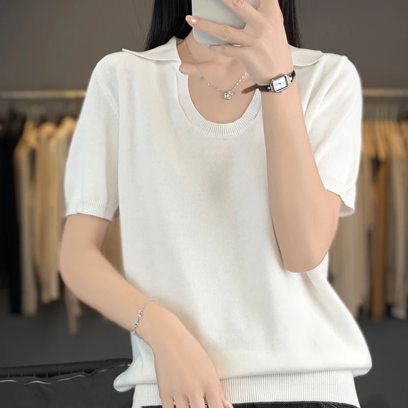 2026 Summer New Cotton Short sleeved T-shirt Knitted Shirt Women's Fashion Y2k U-shaped Polo Shirt Casual Top Thin Collar Tees..
