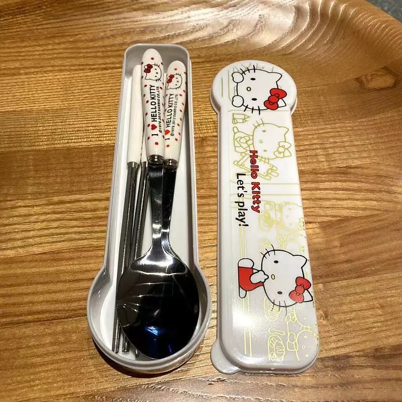 

kawaii Hello Kitty Tableware Anime Kuromi My Melody Stainless Steel Chopsticks Spoon Fork Student Office Portable Dinnerware Set