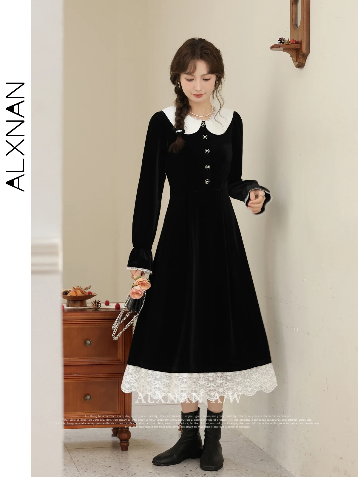 

ALXNAN Black Corduroy Patchwork A-line Dress for Women 2024 Autumn Winter New Peter Pan Collar Long Sleeve Midi Dresses L33099