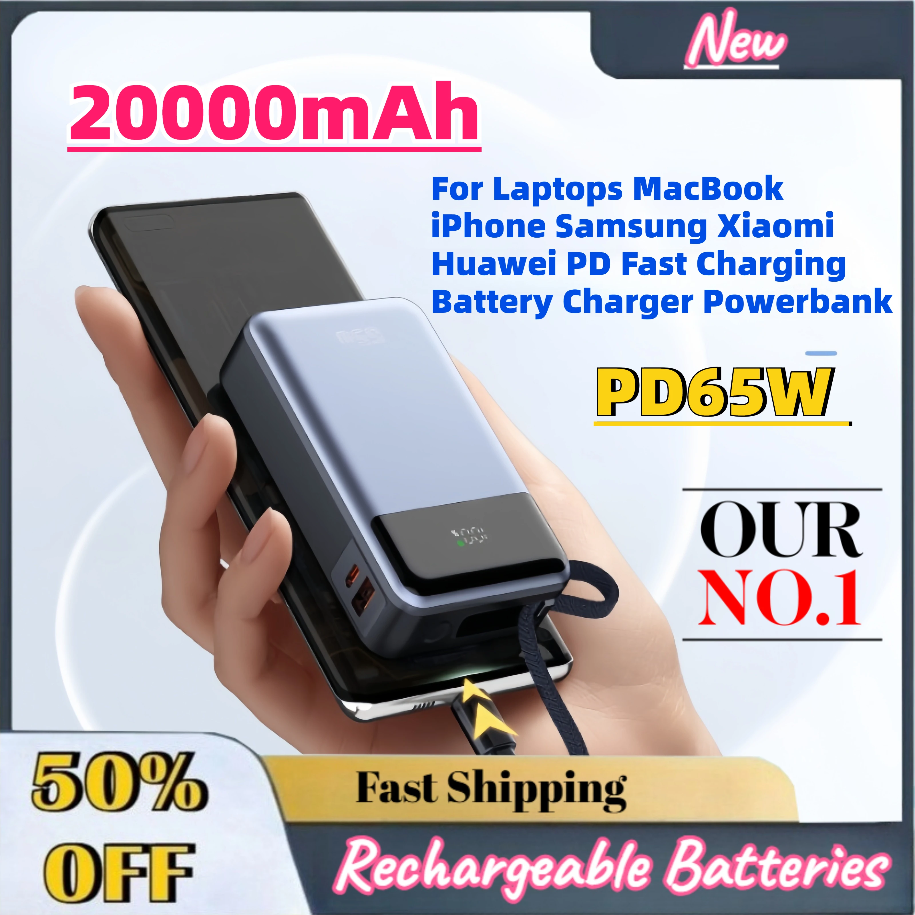 

Capacity PD65W 20000mAh Power Bank For Laptops MacBook iPhone Samsung Xiaomi Huawei PD Fast Charging Battery Charger Powerbank