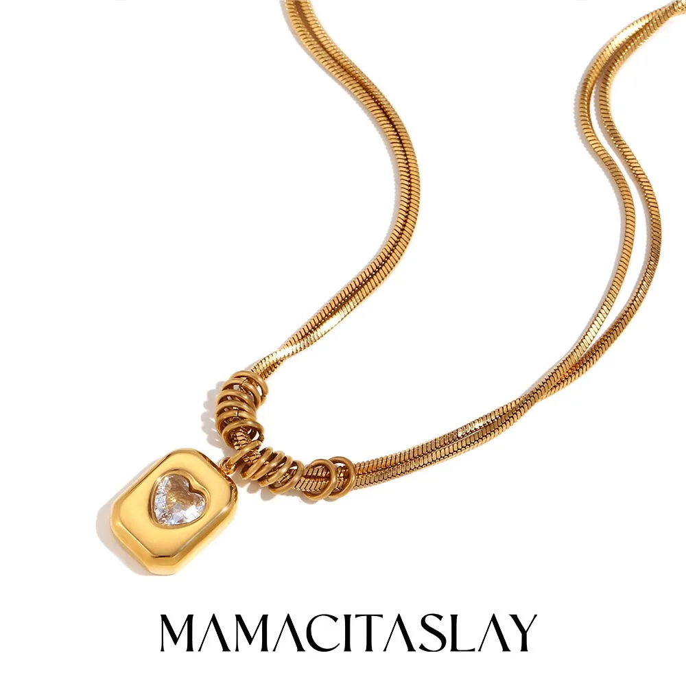 

MamacitaSlay Unique 316L Stainless Steel Heart Zircon Double Layer Necklace Anniversary Waterproof Jewelry Women's Charm Gift