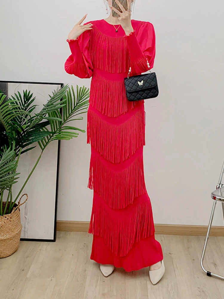 ANLAN Miyake Pleated Cake Tassel Long Section Waist Rose Red Pleated Dress for Women 2024 New Temperament Slim Dress 3AN0619