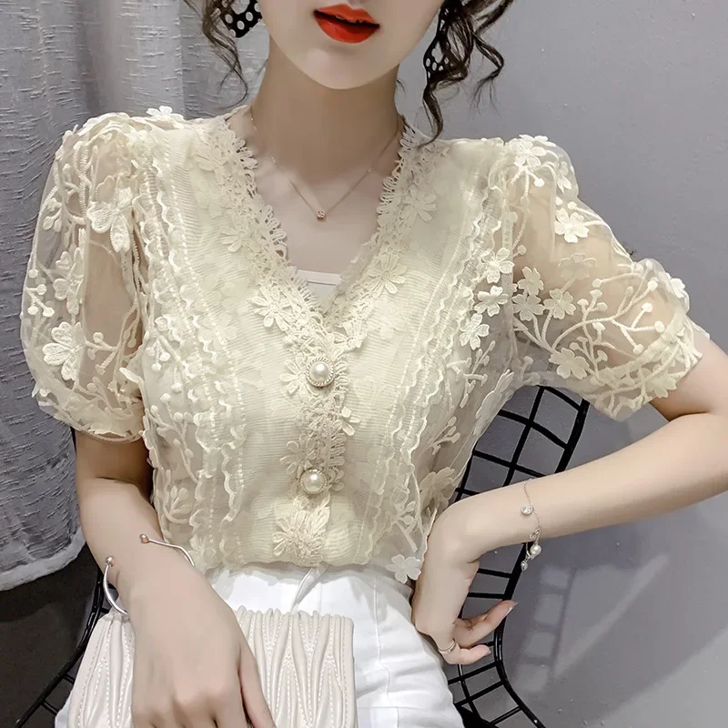 Lace Tops Women Pearls V-neck Chiffon Short Sleeve Shirt flower Blouse Printed Floral Transparent Women Sexy Crop Top Blouses