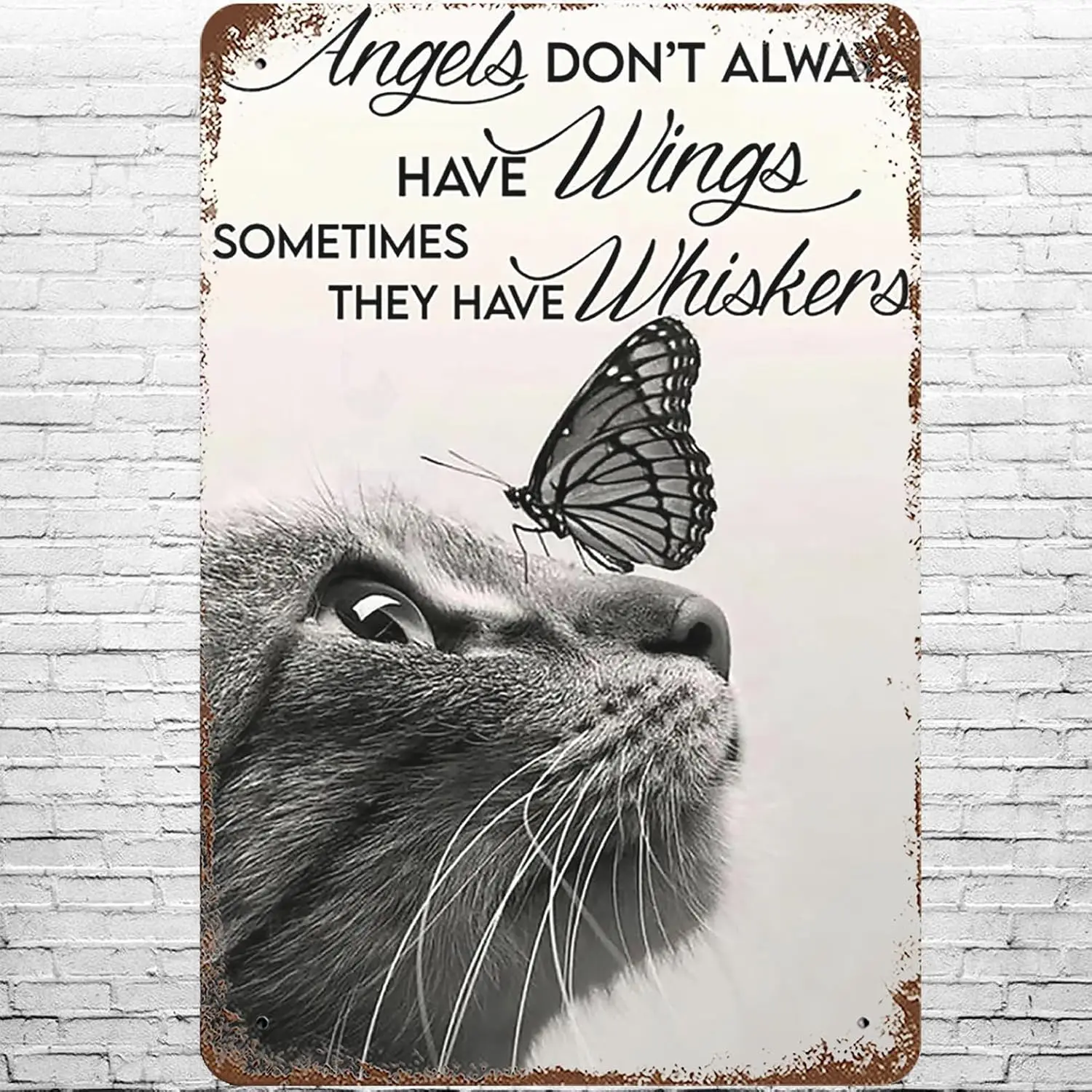 Letrero de Metal con texto en inglés "El gato y las citas", decoración de pared Retro, ángeles no siempre tienen alas, a veces tienen bigote", carteles de estaño para