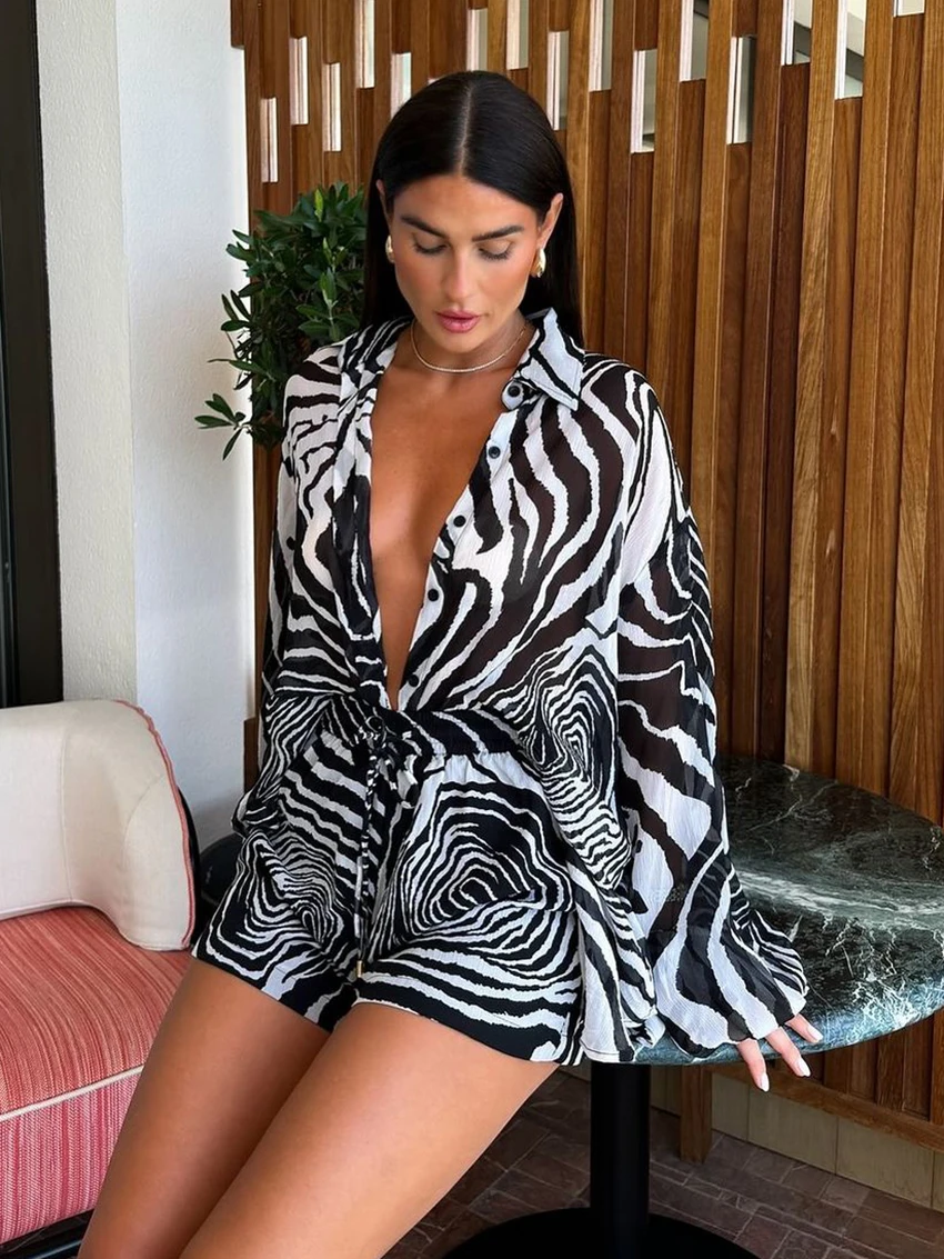 Marthaiqiq Printing Femme Sleepwear Set Long Sleeve Nightgown Turn-Down Collar Nightwear Shorts Casual Women Pajama 2 Piece Suit
