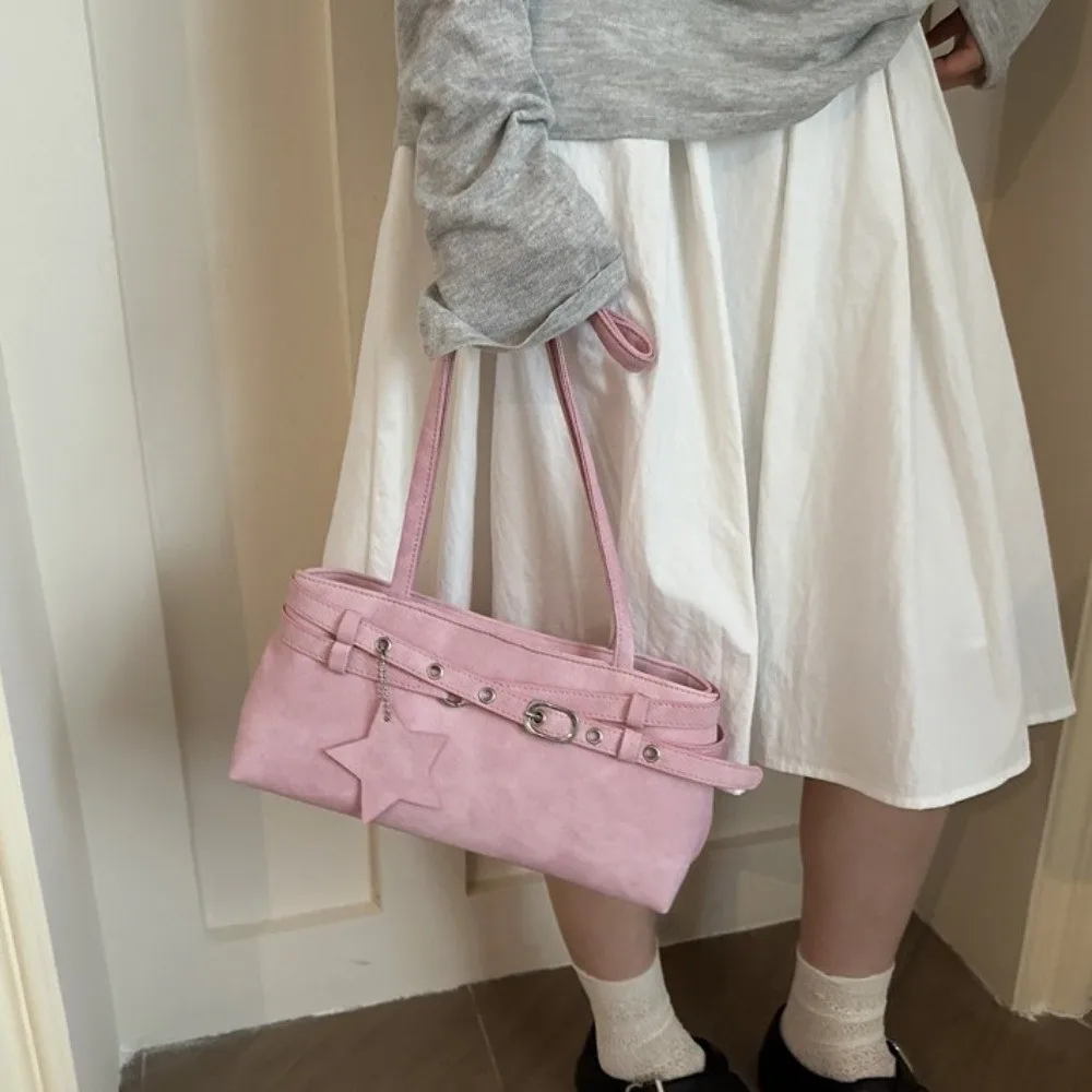 Vintage Tie-Dye Y2K Shoulder Bag Star Pendant With Metal Buckle Belt Women Handbag Solid Color Tote Bag Underarm Bag Girl