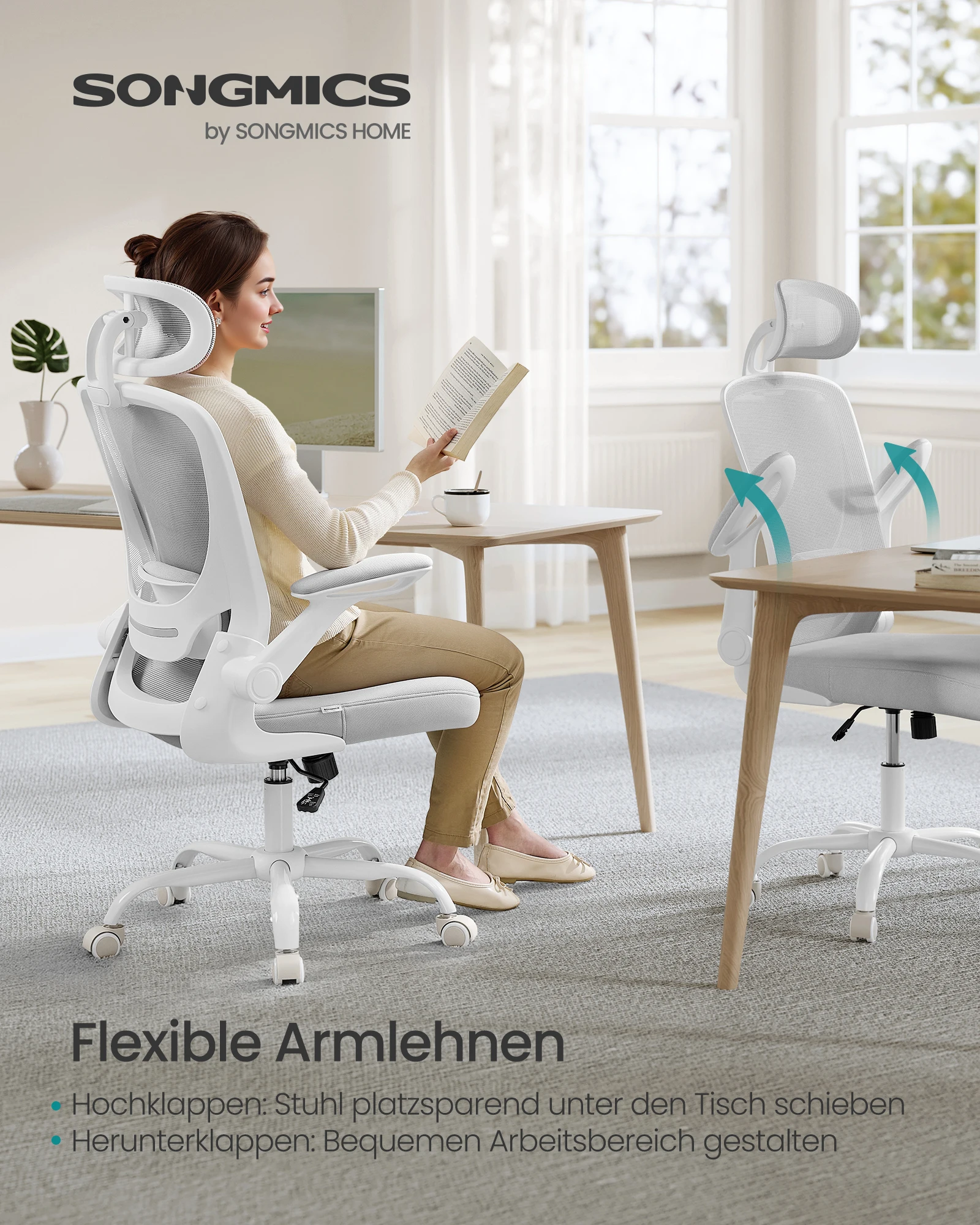 SONGMICS Bürostuhl ergonomisch, Drehstuhl mit Mesh, Lenden- und Kopfstütze, Wippfunktion, 53 cm große Sitzfläche