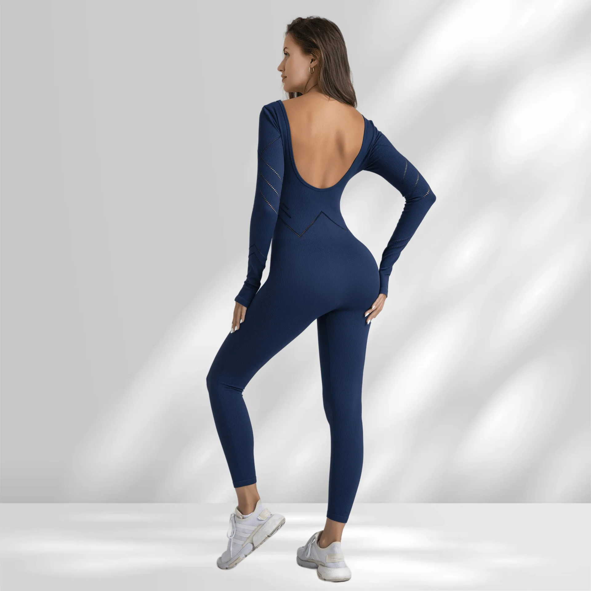 Spring and autumn seamless jumpsuit women elastic tight quick dry yoga clothes after V running sports fitness clothes