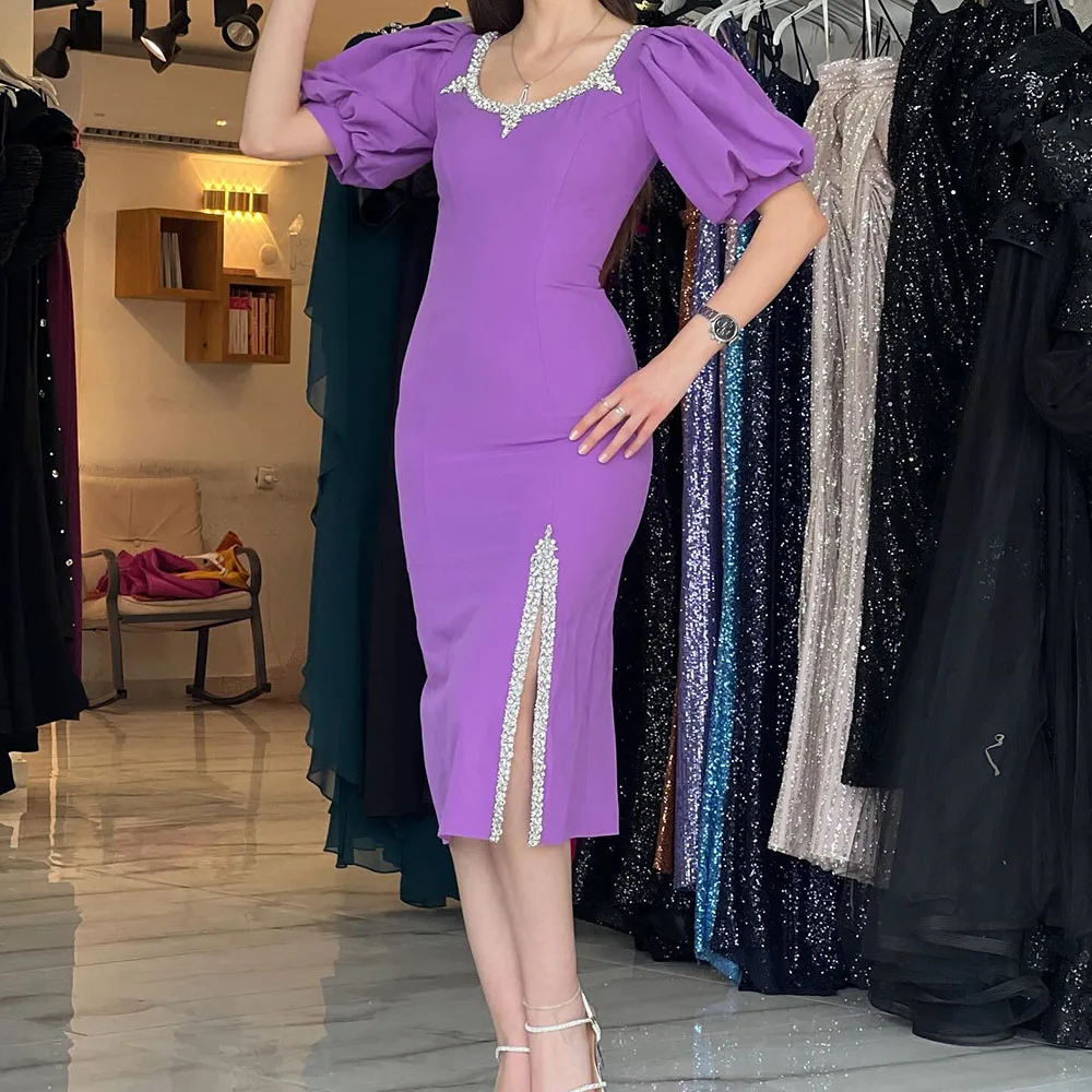 Customized Straight Evening Dresses Tea-length Scoop-neck Half Sleeve Prom Gown Simple Fashion Crystal Side-split Party Gown