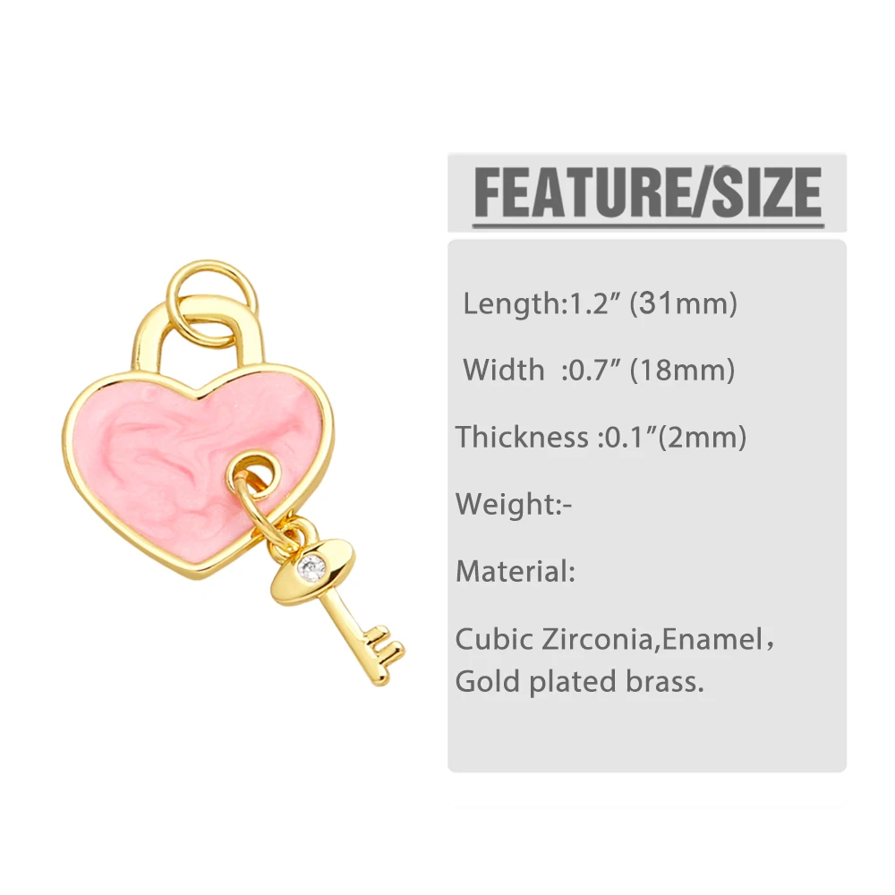 Clearance Trendy Big Enamel Heart Pendant for Necklace Copper Gold Plated Key Lock Jewelry Making Component Wholesale pdtb111