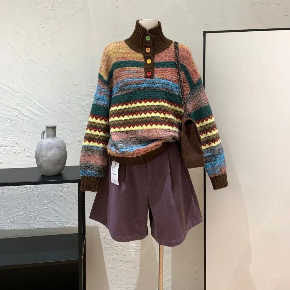 

Simple Long Sleeve Knit Sweater Women Loose Sweet Colorfult Crochet Knitwear Soft Retro Sweet Girl's Pullover Spring/Winter