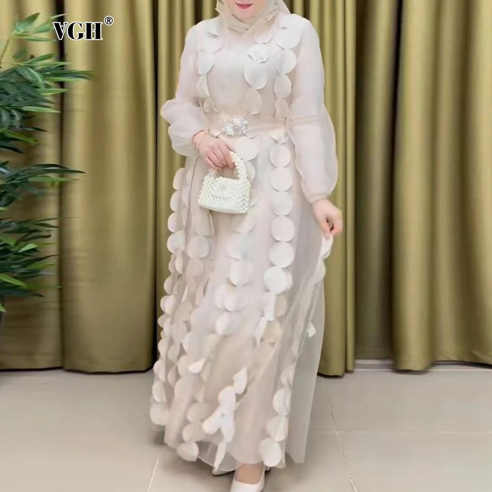 

VGH Solid Two Piece Set for Women Stand Collar Puff Sleeve Spliced Tassel Sheer Mesh Coat with Long Dresses Elegant Suit Female