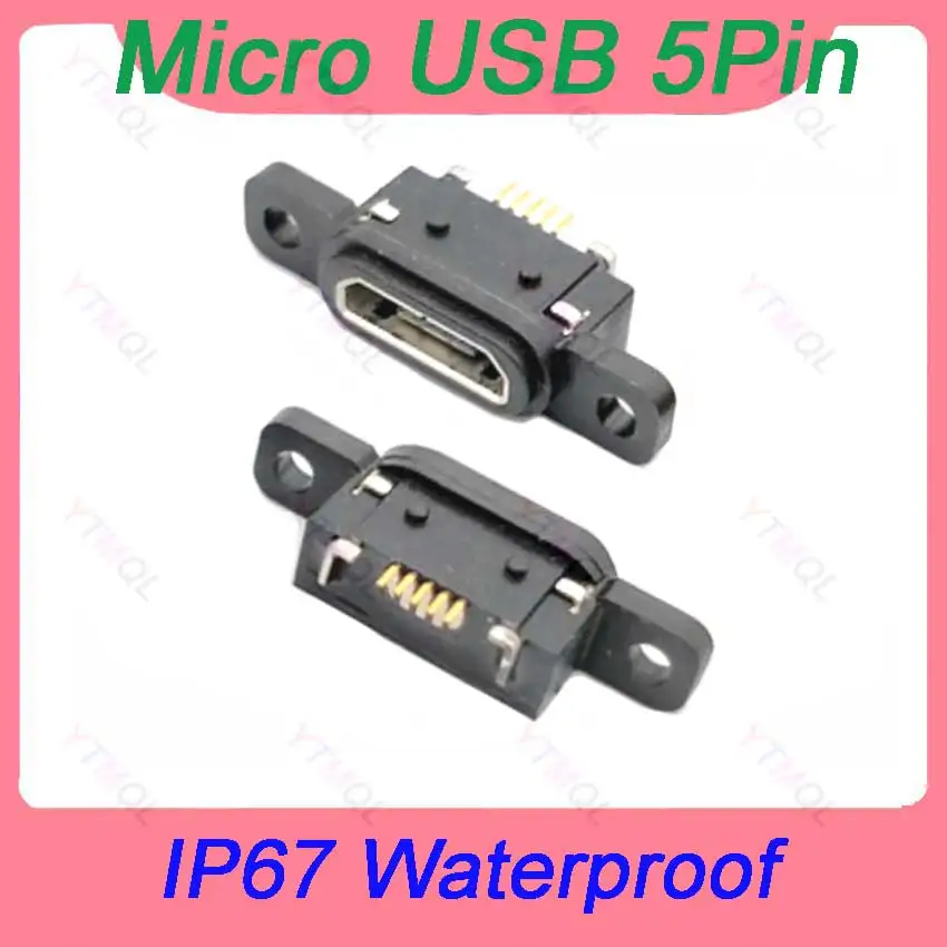 10-100Pcs 5pin Charging Jack Socket Dock Port  IP67 Waterproof Female Connector With Screw Hole Micro USB