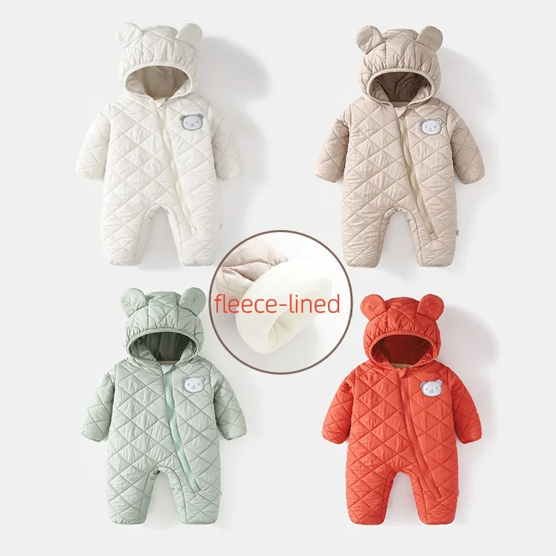 

2025 Boy Girl Quilted Romper Infant Baby Clothes Winter Warm Bear Ear Hooded Jumpsuit Newborn Toddler Thickened One-Piece Outfit