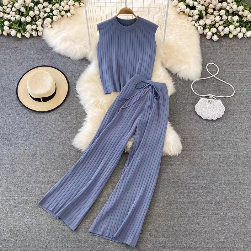 O-neck Tank Top Sleeveless Knitted Suit Two-Pieces Wide Leg Long Pant Drawstring Waist Trouser Sets Women Clothing Casual Simple