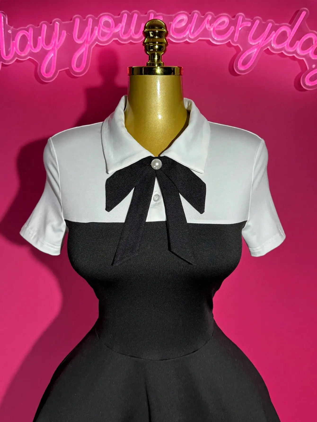 Black & Mint Polo Collar Bowknot A-Line Mini Dress with Ruffle Hem