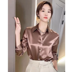 Modern Home Customized 2021 Autumn New Simulated Silk Shirt Women's Long Sleeve Solid Color Commuting Satin Top