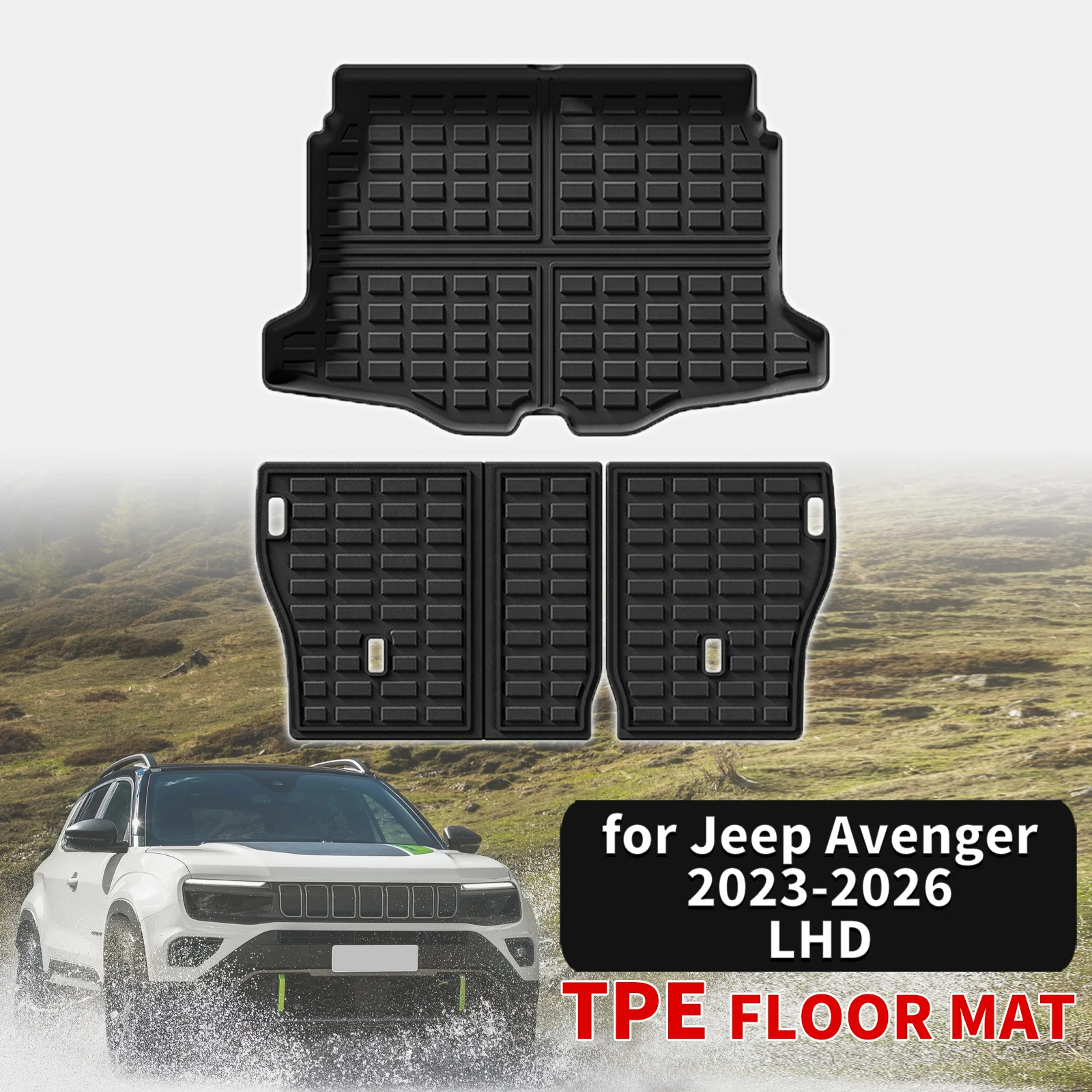 for Jeep Avenger BEV 2023-2026 LHD RHD (NOT for Fuel Hybrid) TPE Trunk Mat & Seat BackPads, Custom Fit Car Accessories