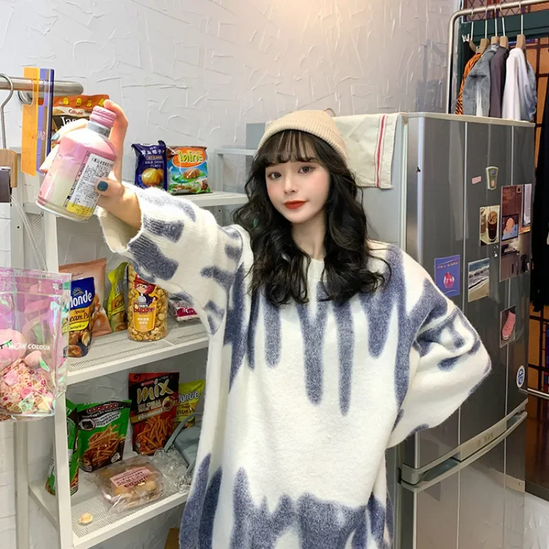 Suéter a rayas verdes de Corea para mujer, suéter con estampado de rayas verdes Kawaii, cuello redondo, suelto, manga larga, ropa de calle, ropa de abrigo cálida, Invierno