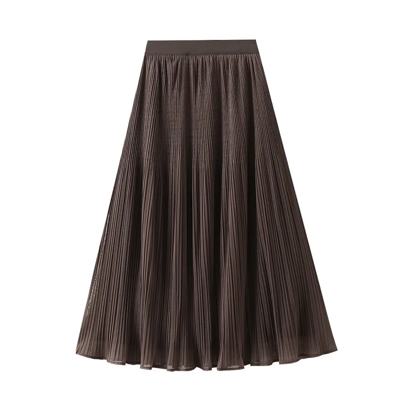 

2025 Autumn Winter Solid Color High Waist Lace Patchwork Pleated Midi Skirts Women Versatile Reversible A-line Long Skirts