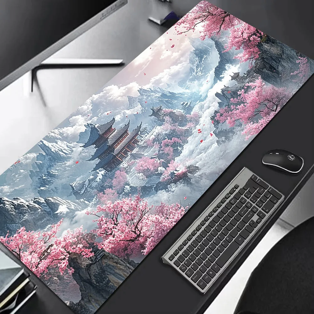 Sakura Mountain Pagoda Printed Desk Pad Extra Large Soft Rubber Mouse Pad Serene Aesthetic Gaming Keyboard Mat Multi-Size