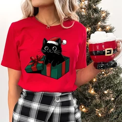 Cat Lover Gift for Christmas Crew Neck Women T-shirt Trendy Santa Cat Design Classic Tops Merry Christmas Cartoon Premium Tshirt