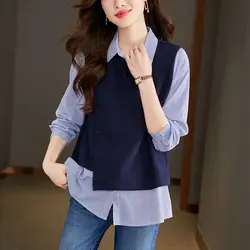 New Blue Stripe Splicing Fake Two Piece Shirt for Women with a Casual Design Long Sleeved Shirt Top