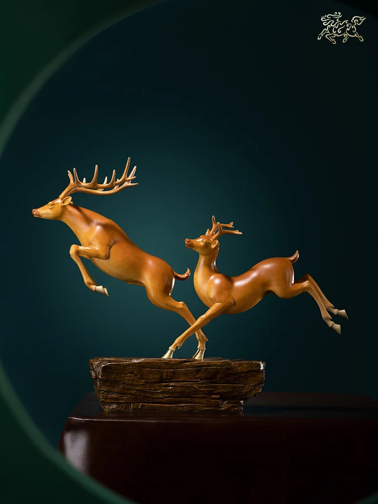 Chinese Copper Crafts Double Fortune Deer Sculptures Home Office Room Desktop Decoration Home Fengshui Ornaments Gifts