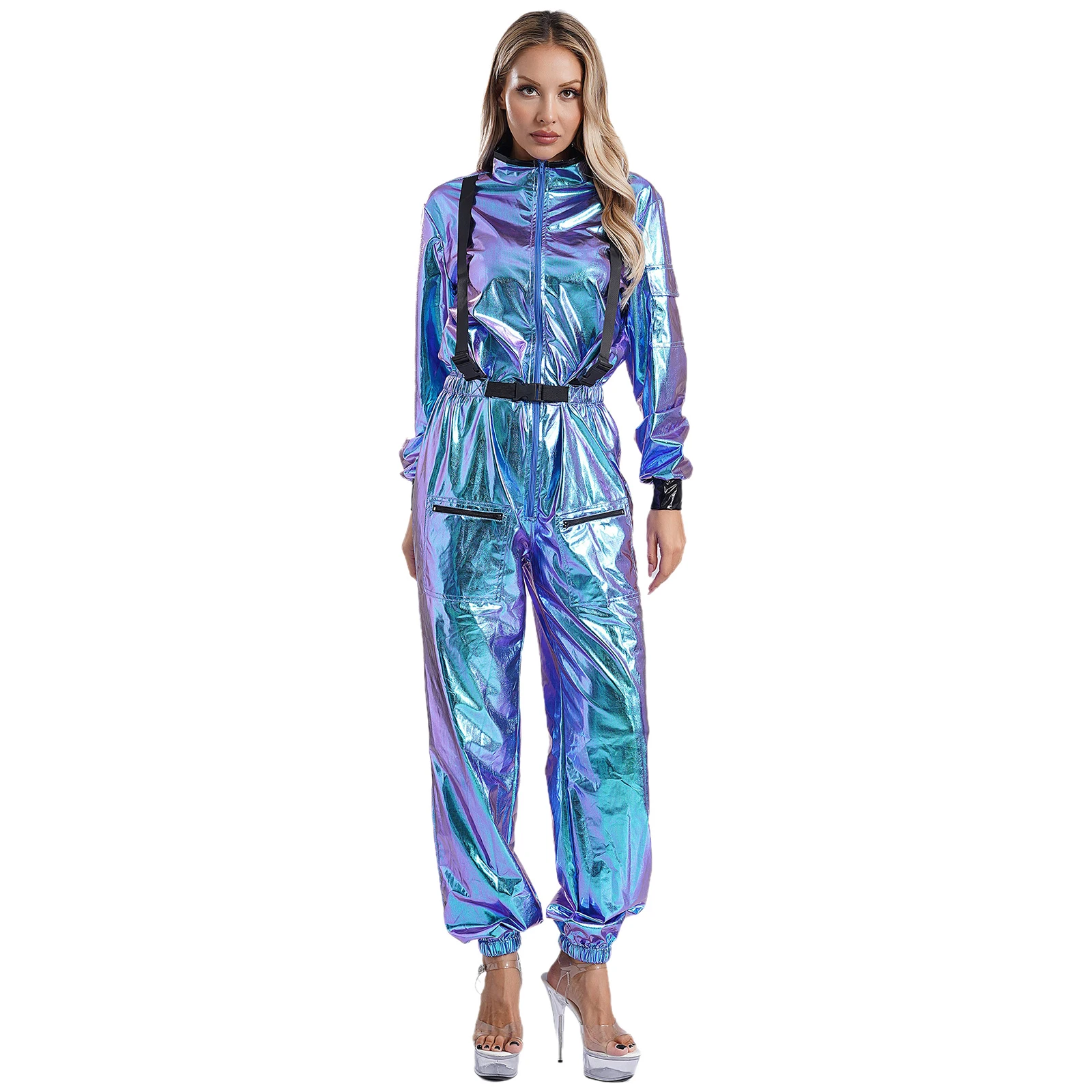 Womens Ladies Astronaut Alien Space Worker Cosplay Jumpsuit Mock Neck Long Sleeve Playsuits for Halloween Party Play Costume