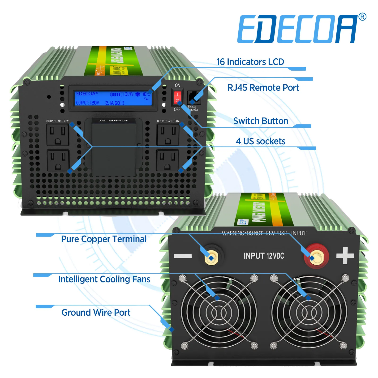 Imagem -02 - Edecoa 3500w Onda Senoidal Pura dc 12v para ac 120v 110 60hz Inversor de Energia Fora da Grade Conversor Solar Carro Inversor Eua Tomada