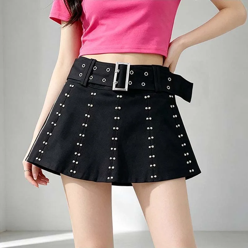 Fashion Denim Short Skirt 2026Women Summer New Korean Ladies Heavy Industry Rivet Slim And Anti Shining Half A-word Skirts Black