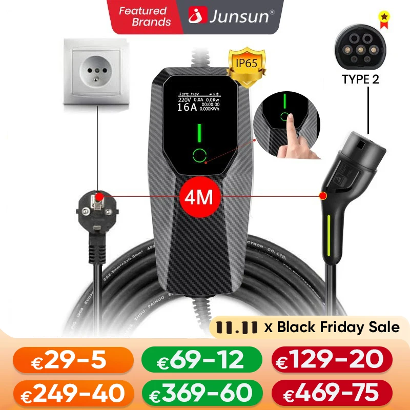 Junsun electric charger 3.5-22 kW | 3-phase/1-phase with timer | 6A-32A IP65 waterproof | EU-certified charging box