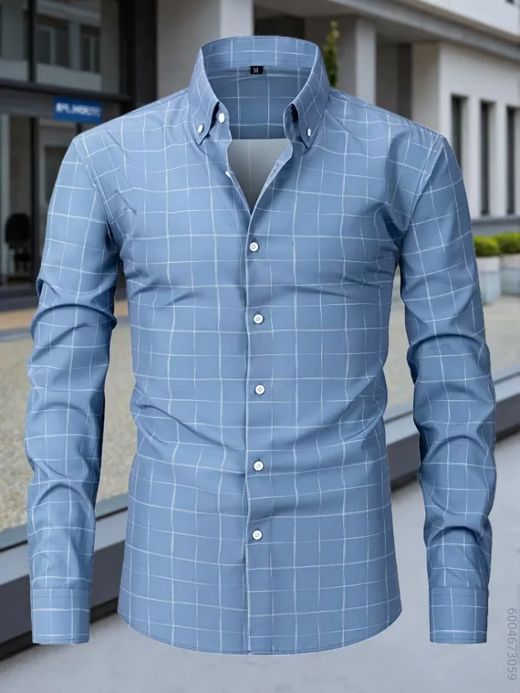 Men's long sleeved shirt with checkered full print collar top, versatile casual shirt for daily business commuting and travel