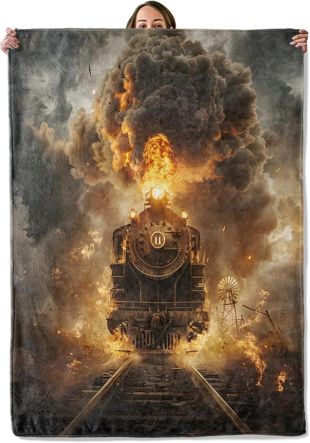 Steam Train Print Fleece Throw Blanket, Vintage Gift for Train Lovers, Rustic Decor for Bedroom Couch, Cozy Camping Blanket