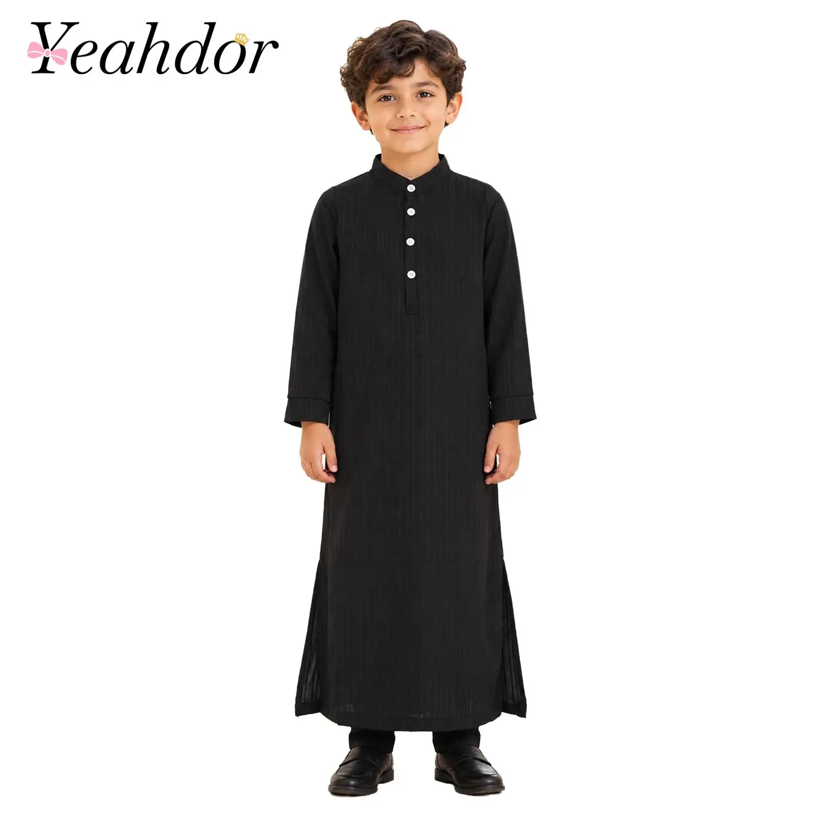 Kids Boys Muslim Outfit Long-sleeve Stand-collar Robe with Sleeveless Open Front Vest for Arab Islamic Arabic Abaya Thobe