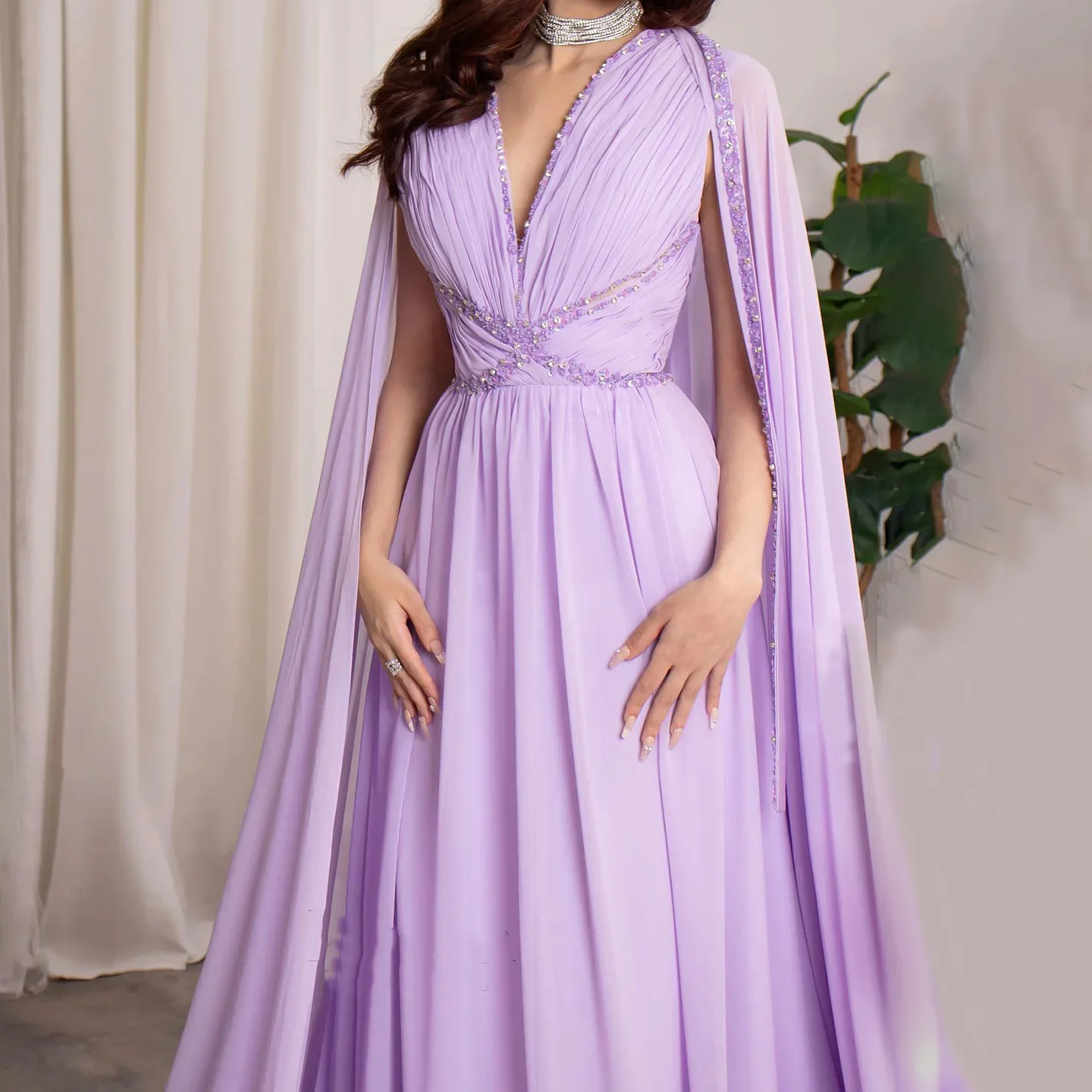 Sharon Said Dubai Lilla eleganti abiti da sera con scollo a V con mantella con perline per abito formale da sposa da donna SF271 personalizzato