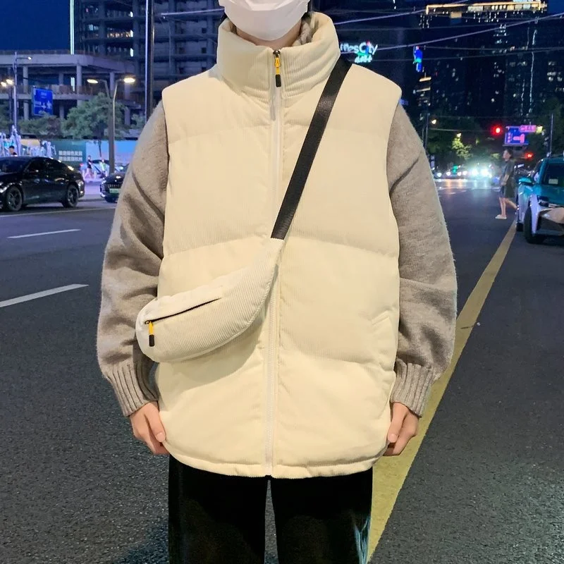 Men's Corduroy Sporty Vest Slim Fit Sleeveless Stand Collar Fashionable Color Korean Style Versatile Casual Jacket