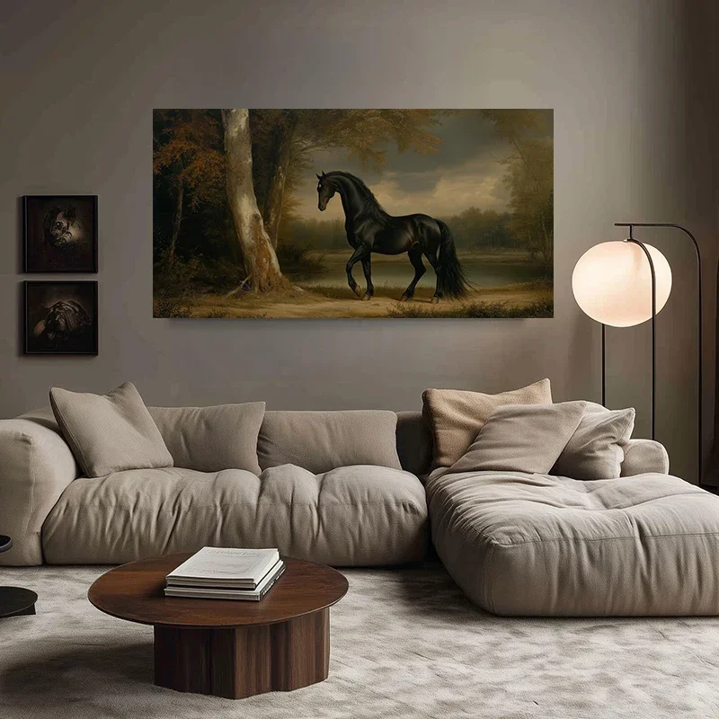 Multiple sizes 1pc frameless  Large size Canvas Painting,Vintage Horse Black Stallion Painting Antique Landscape Poster and Prin