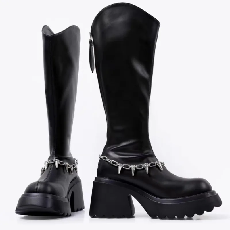 Botas femininas goth sapatos mulher tendência luxo joelho alta plataforma grosso saltos pretos moda sexy confortável longa corrente de metal punk