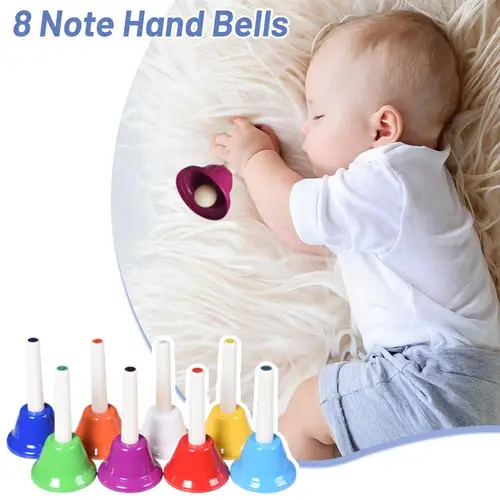 Campanas de mano de 8 notas, conjunto de instrumentos musicales para bebés, mango de madera para guardería, campanas educativas de Navidad para niños S8o0